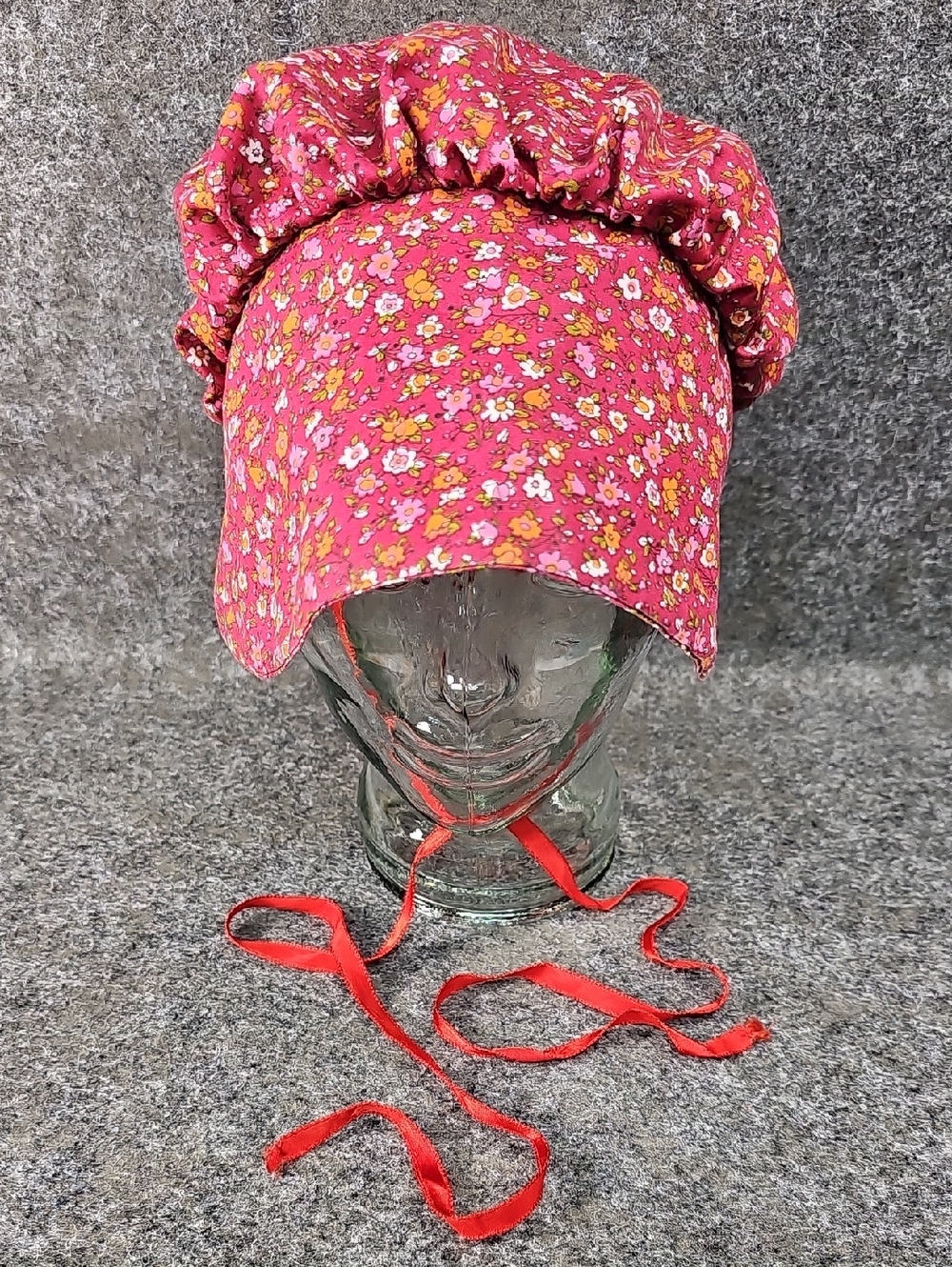 Prairie Sunbonnet Colonial Shaker Amish, hat, Red Floral With Chin Strap